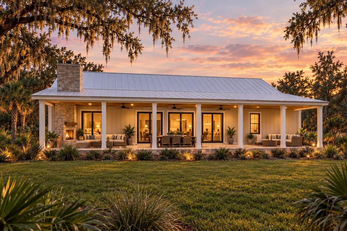 The Palmetto Lanai: back patio at dusk, concept rendering