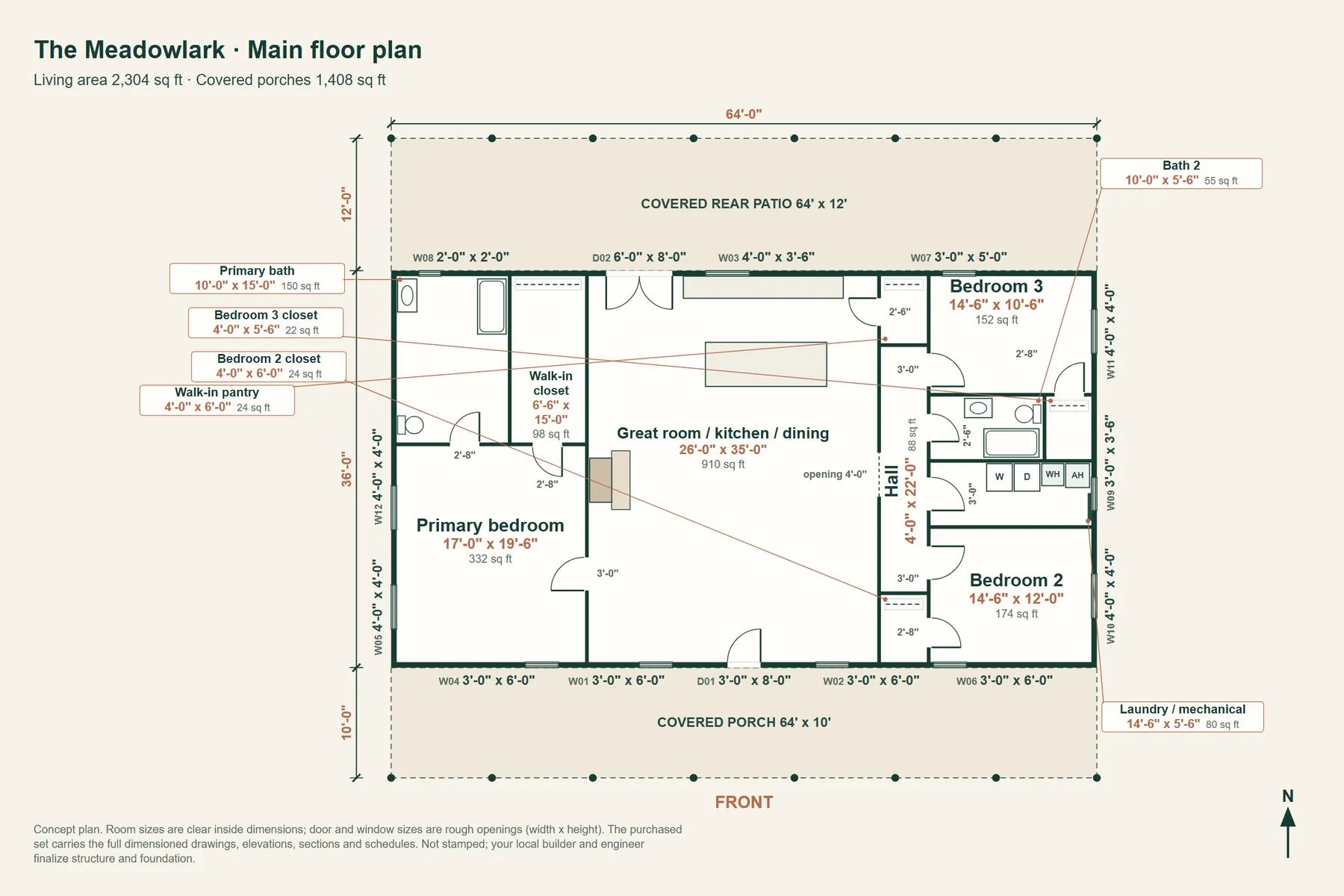 The Meadowlark: main floor plan with room dimensions and door and window sizes