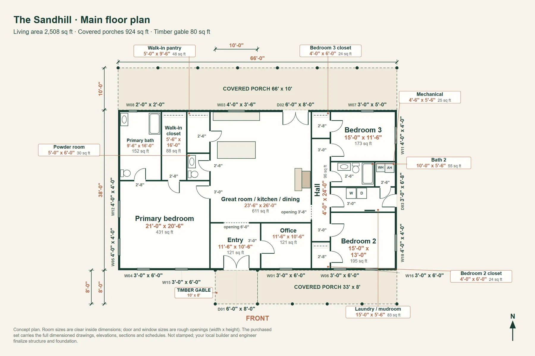 The Sandhill: main floor plan with room dimensions and door and window sizes