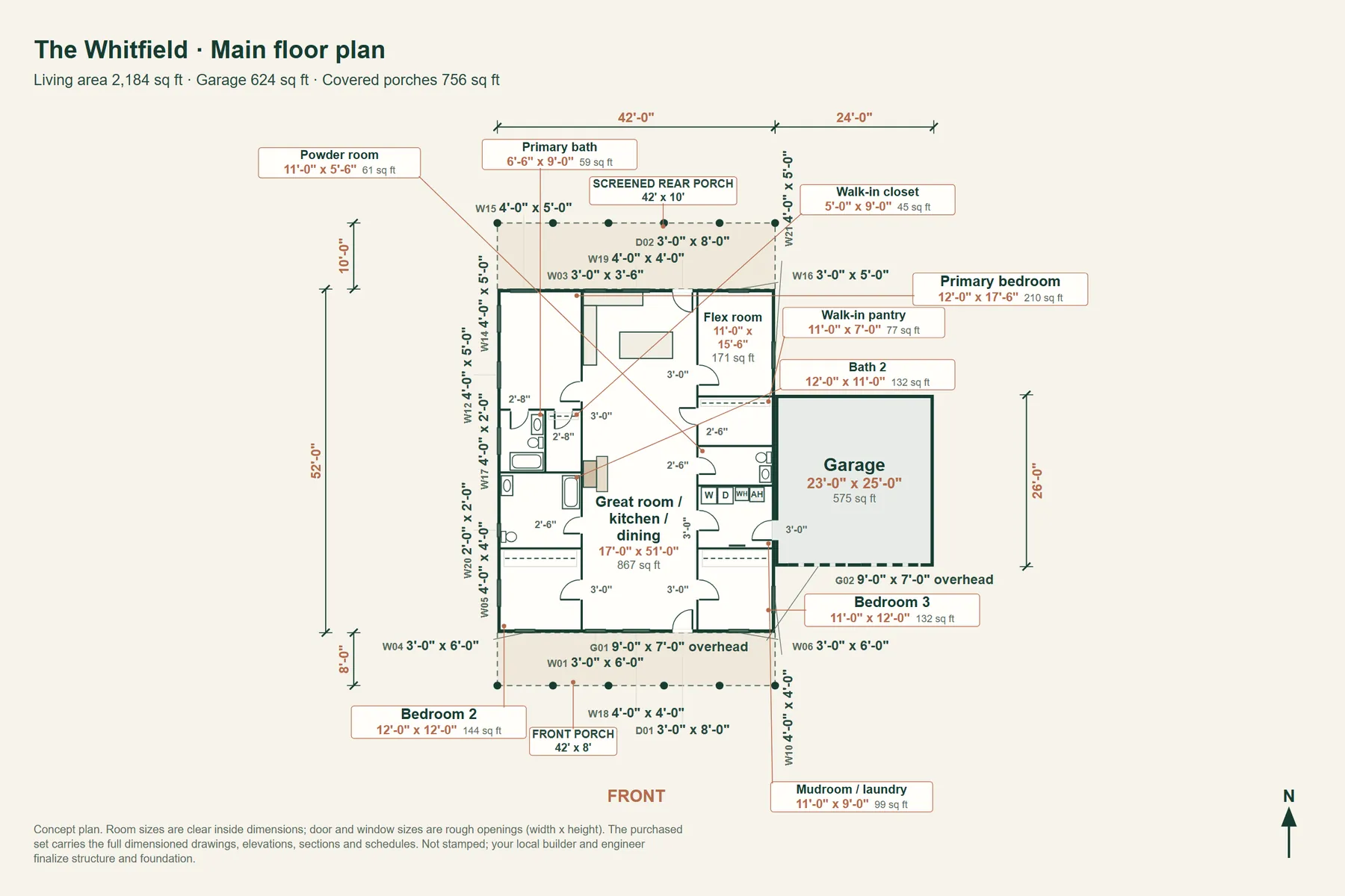 The Whitfield: main floor plan with room dimensions and door and window sizes