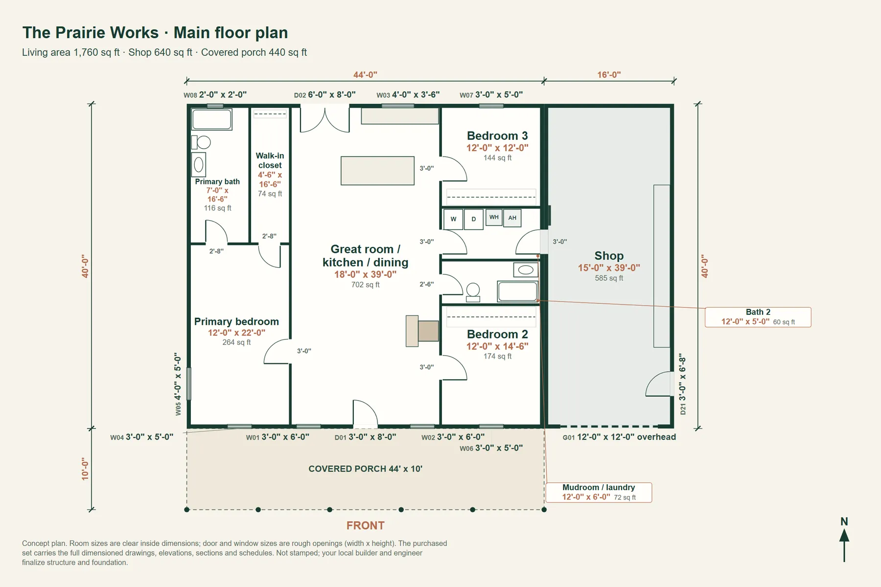 The Prairie Works: main floor plan with room dimensions and door and window sizes