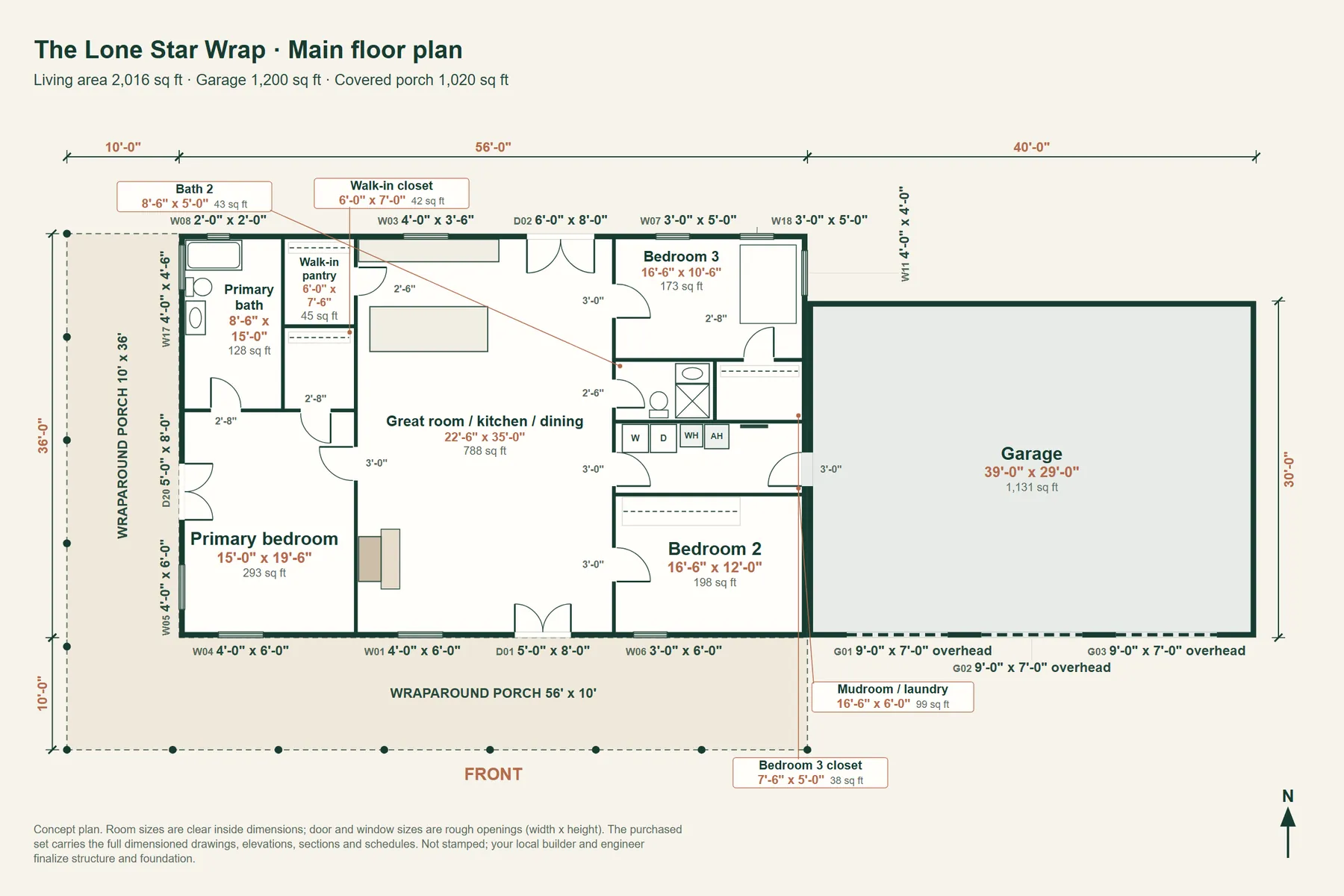 The Lone Star Wrap: main floor plan with room dimensions and door and window sizes