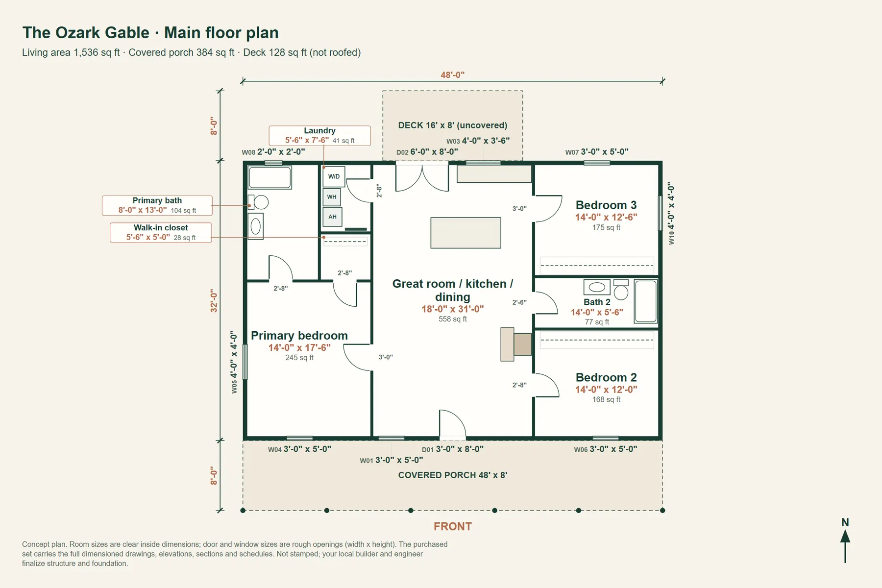 The Ozark Gable: main floor plan with room dimensions and door and window sizes