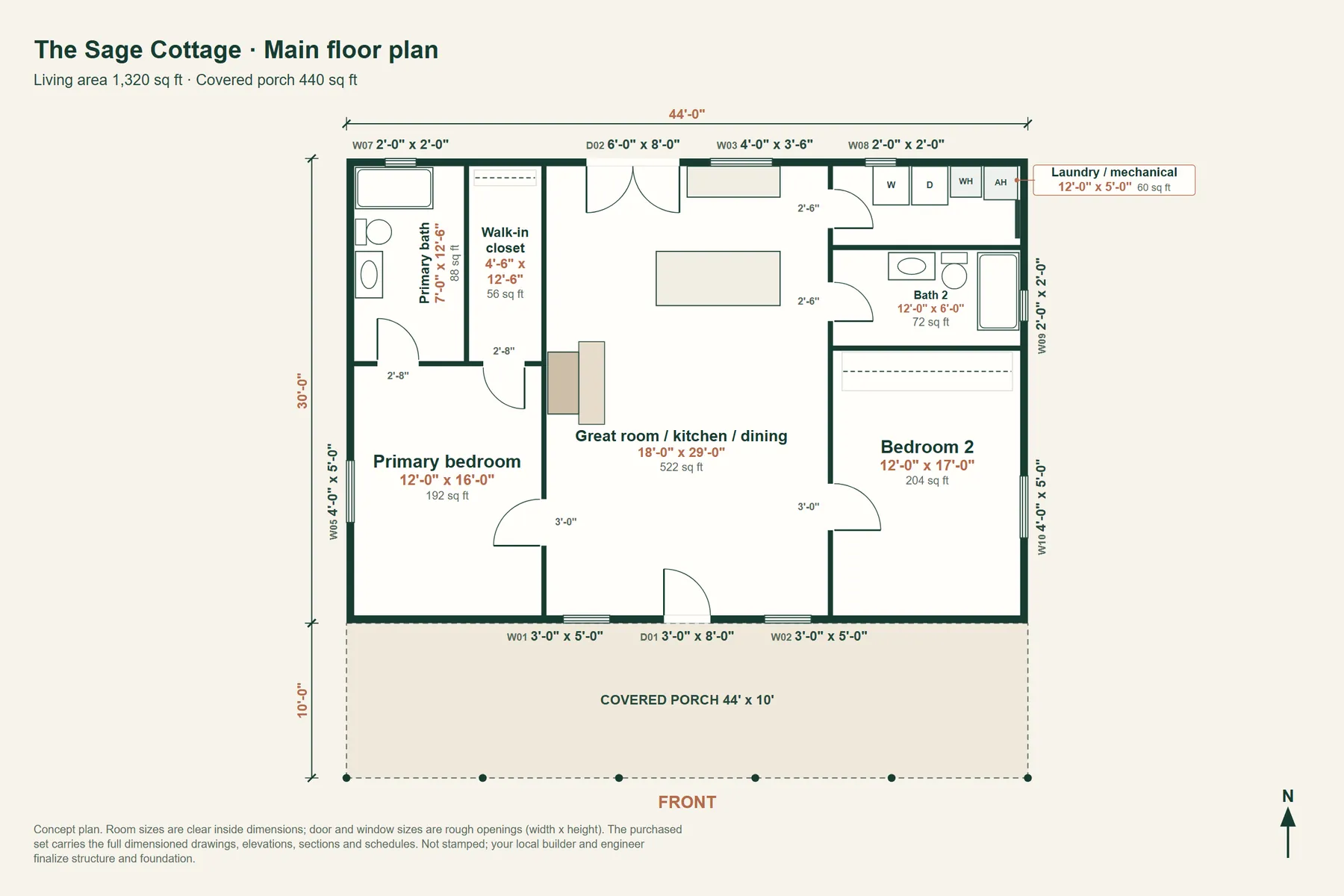 The Sage Cottage: main floor plan with room dimensions and door and window sizes