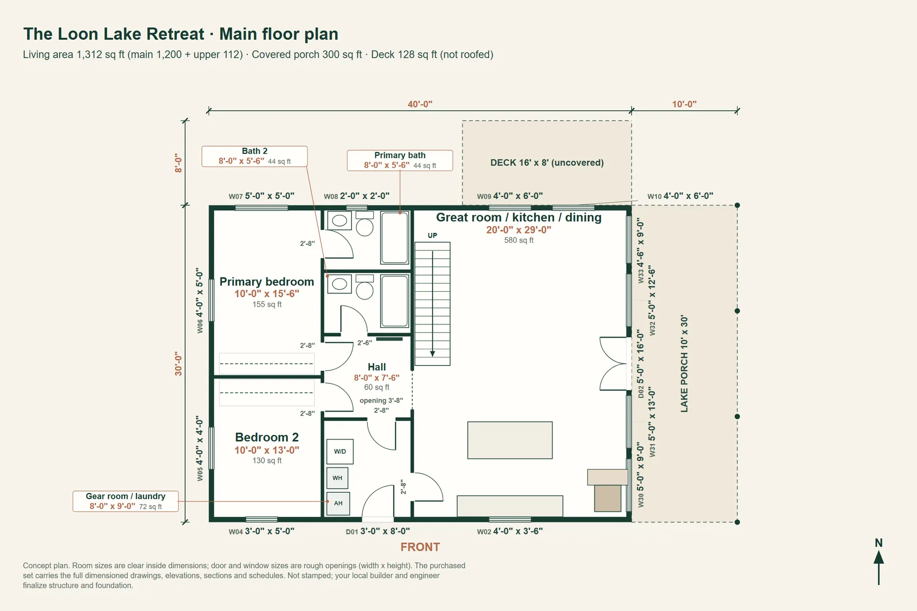 The Loon Lake Retreat: main floor plan with room dimensions and door and window sizes