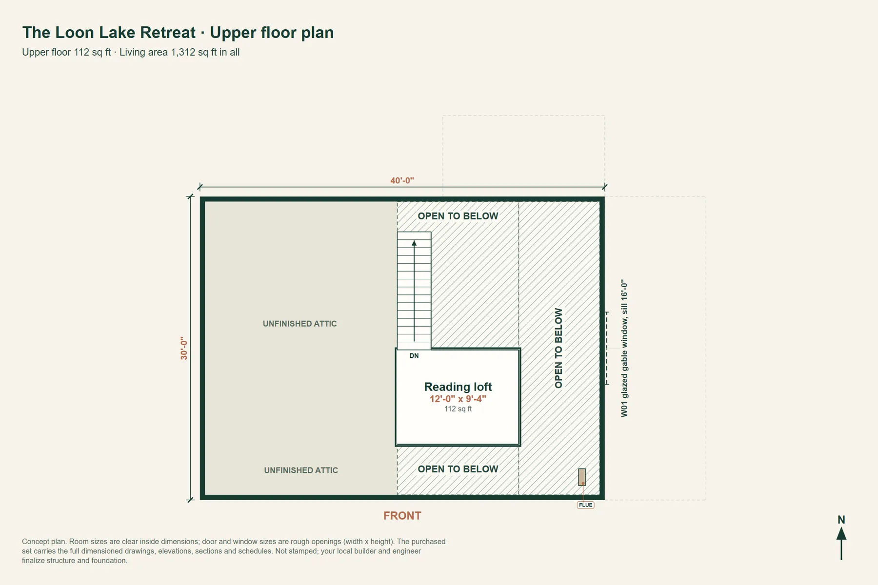 The Loon Lake Retreat: upper floor plan with room dimensions and door and window sizes