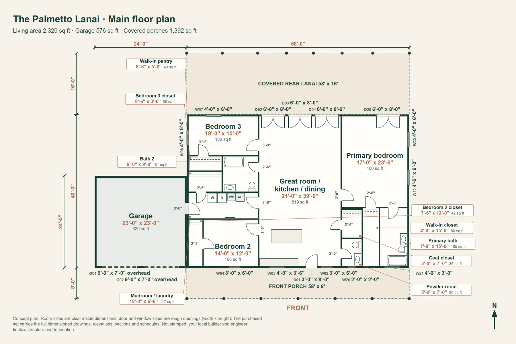 The Palmetto Lanai: main floor plan with room dimensions and door and window sizes