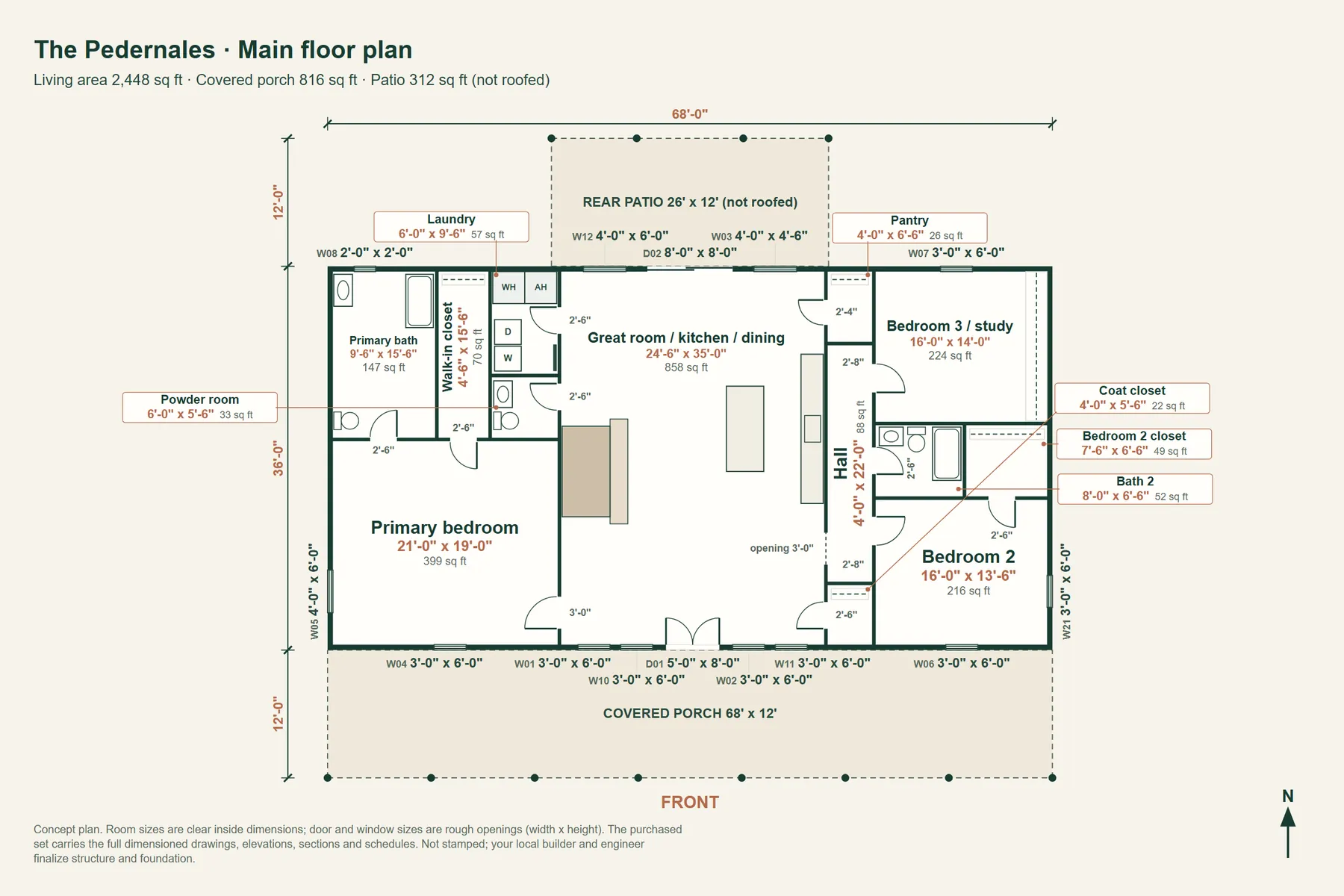 The Pedernales: main floor plan with room dimensions and door and window sizes
