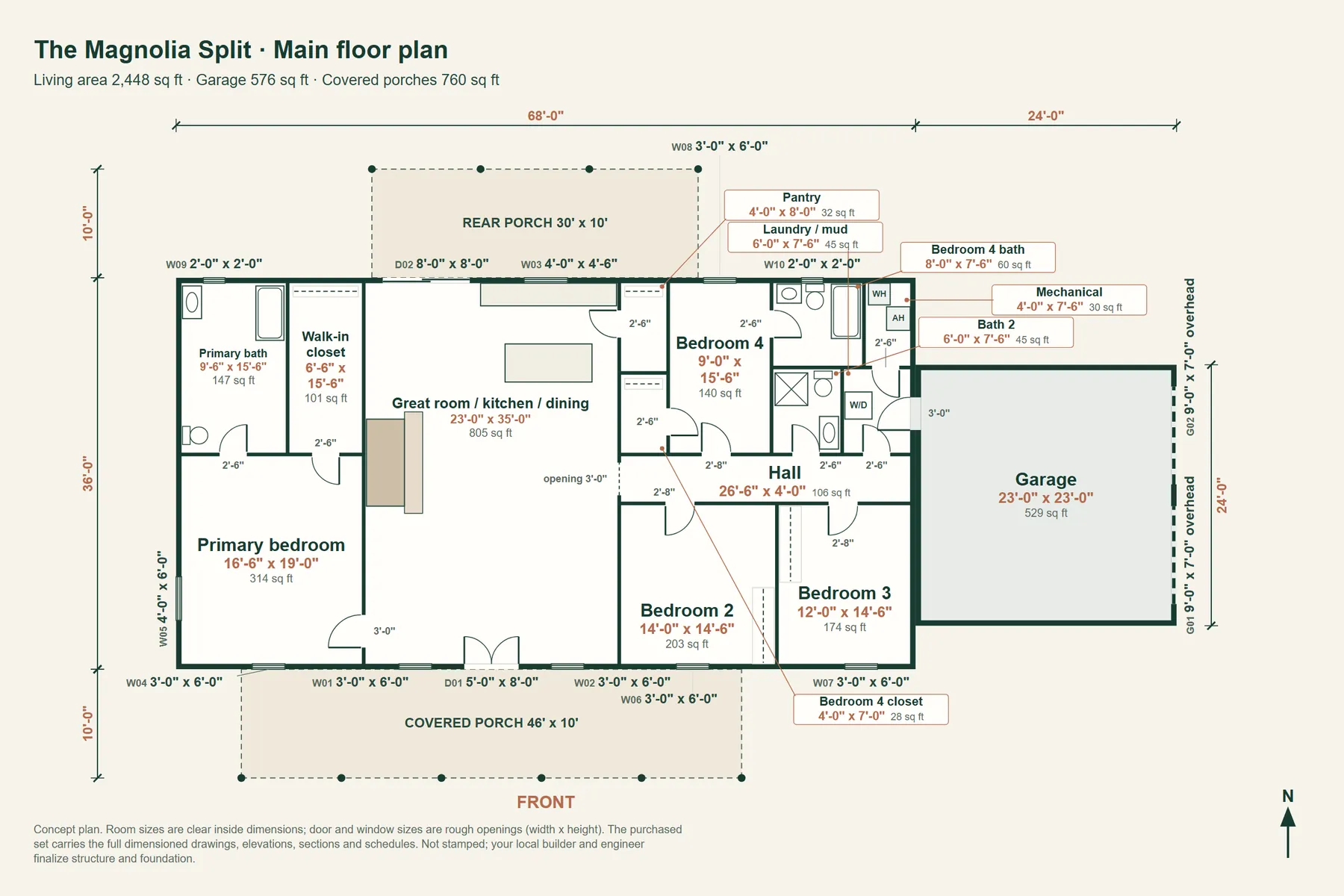 The Magnolia Split: main floor plan with room dimensions and door and window sizes