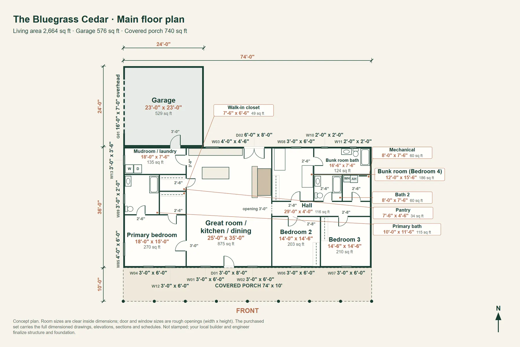 The Bluegrass Cedar: main floor plan with room dimensions and door and window sizes