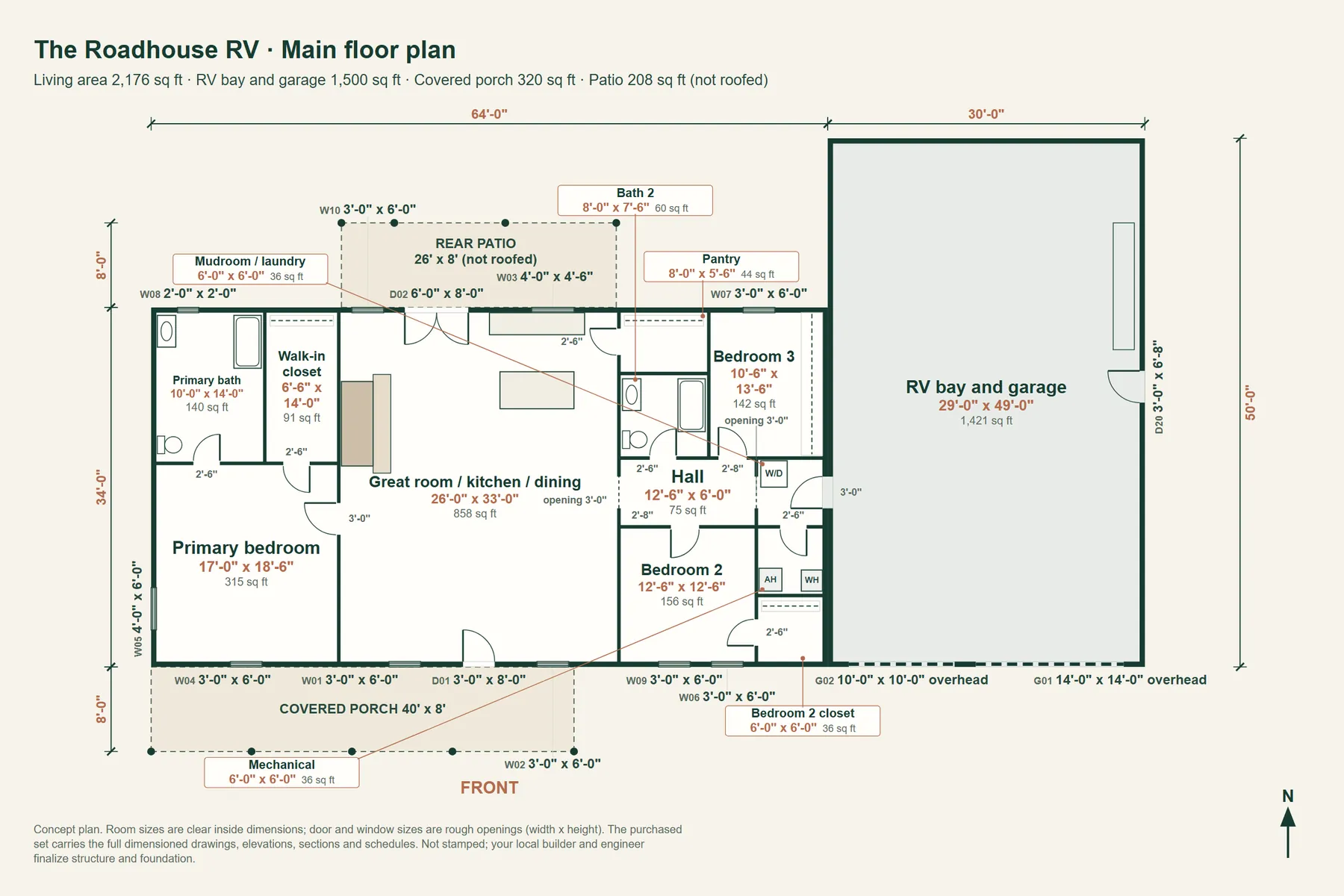 The Roadhouse RV: main floor plan with room dimensions and door and window sizes