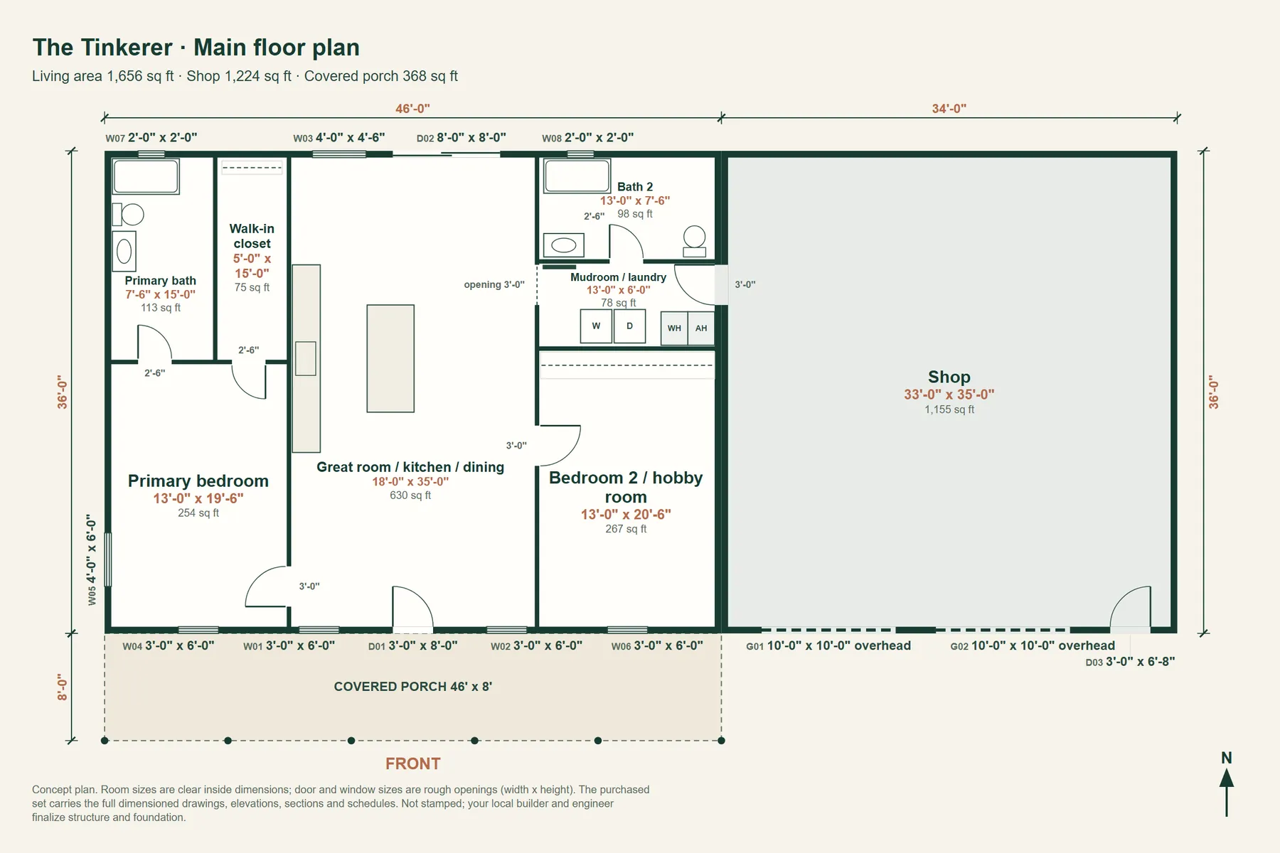 The Tinkerer: main floor plan with room dimensions and door and window sizes