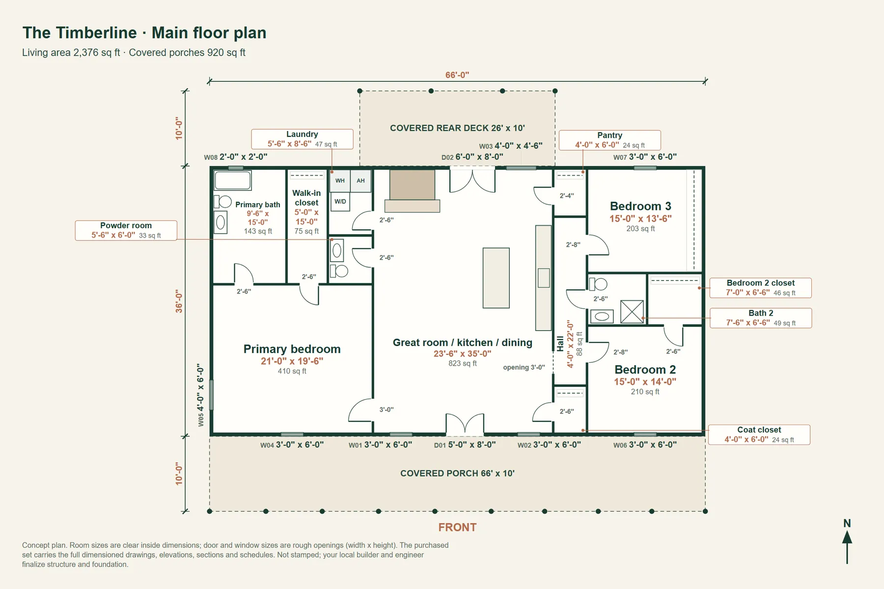 The Timberline: main floor plan with room dimensions and door and window sizes
