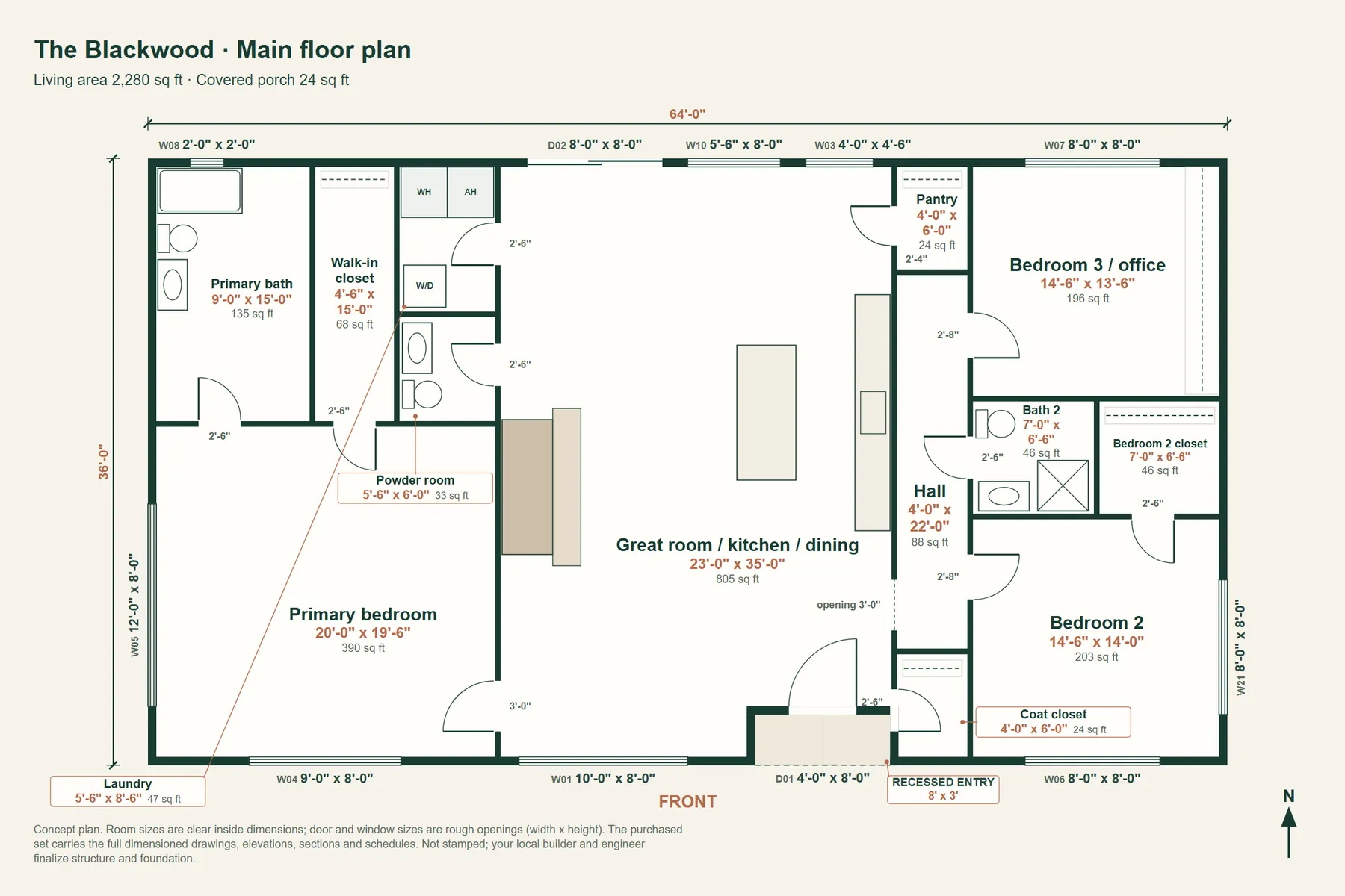 The Blackwood: main floor plan with room dimensions and door and window sizes