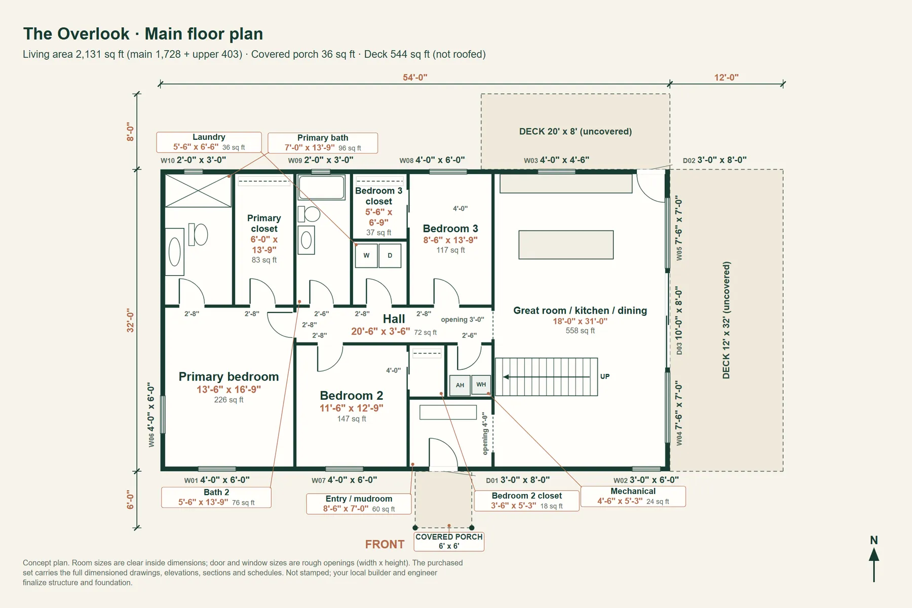 The Overlook: main floor plan with room dimensions and door and window sizes