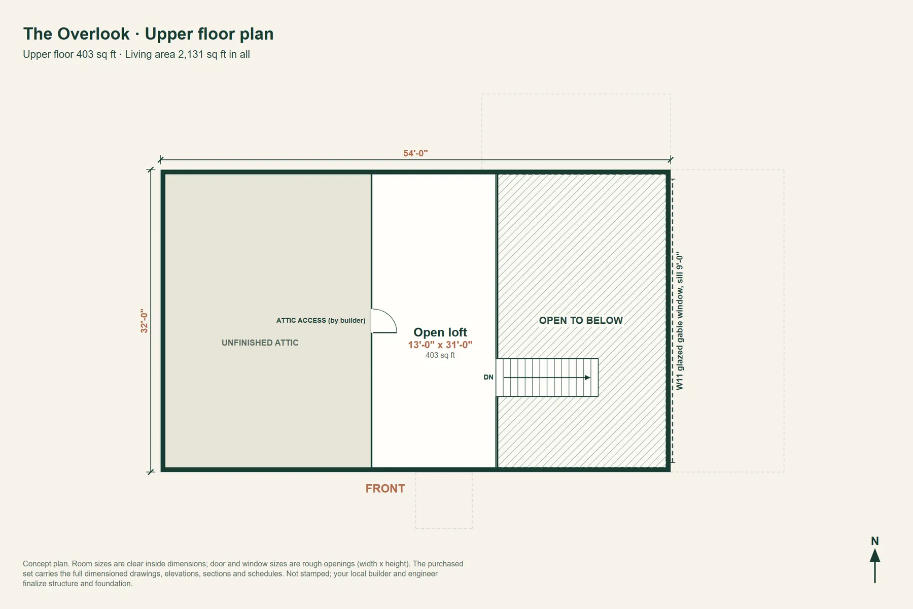 The Overlook: upper floor plan with room dimensions and door and window sizes