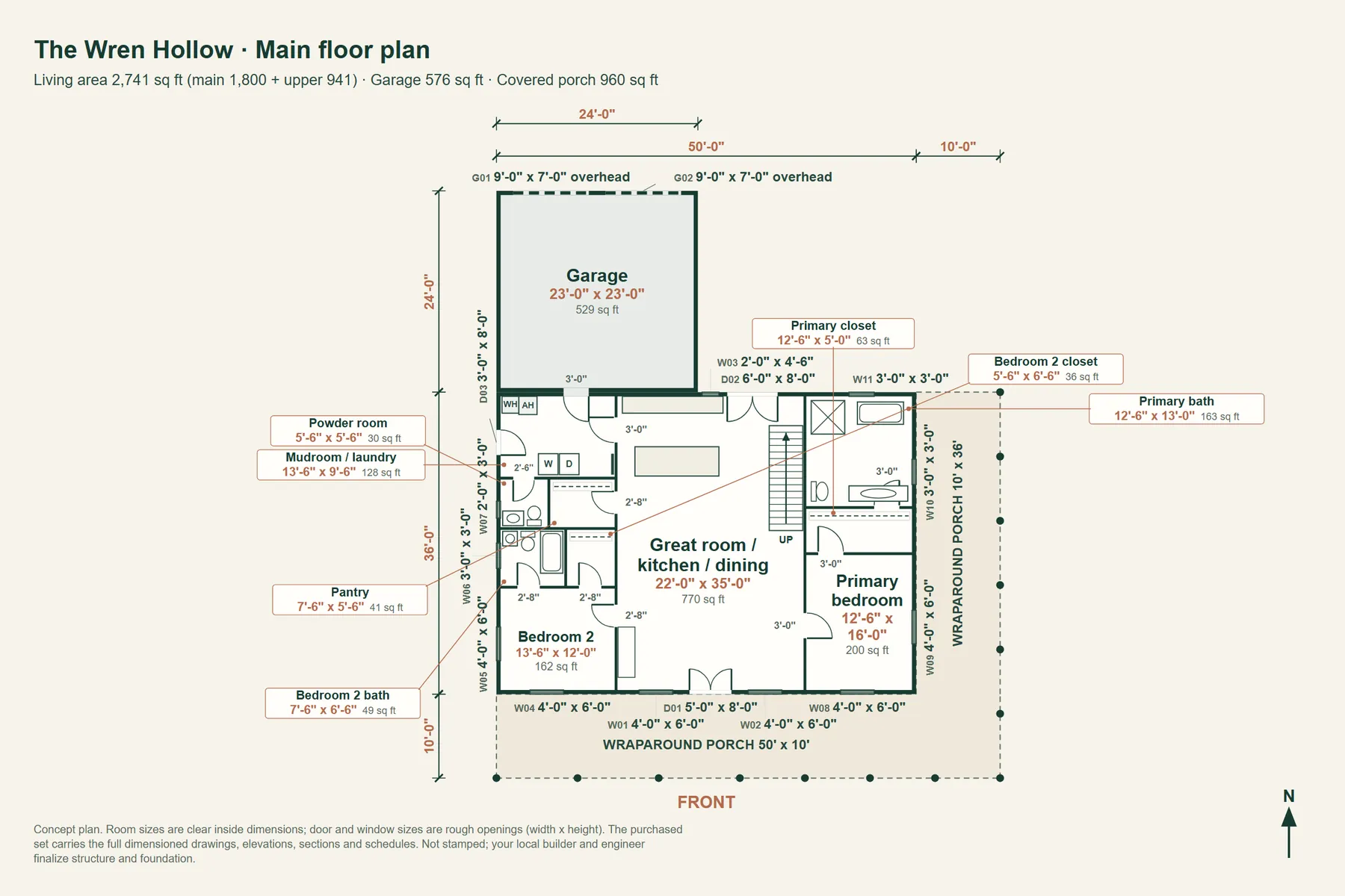 The Wren Hollow: main floor plan with room dimensions and door and window sizes