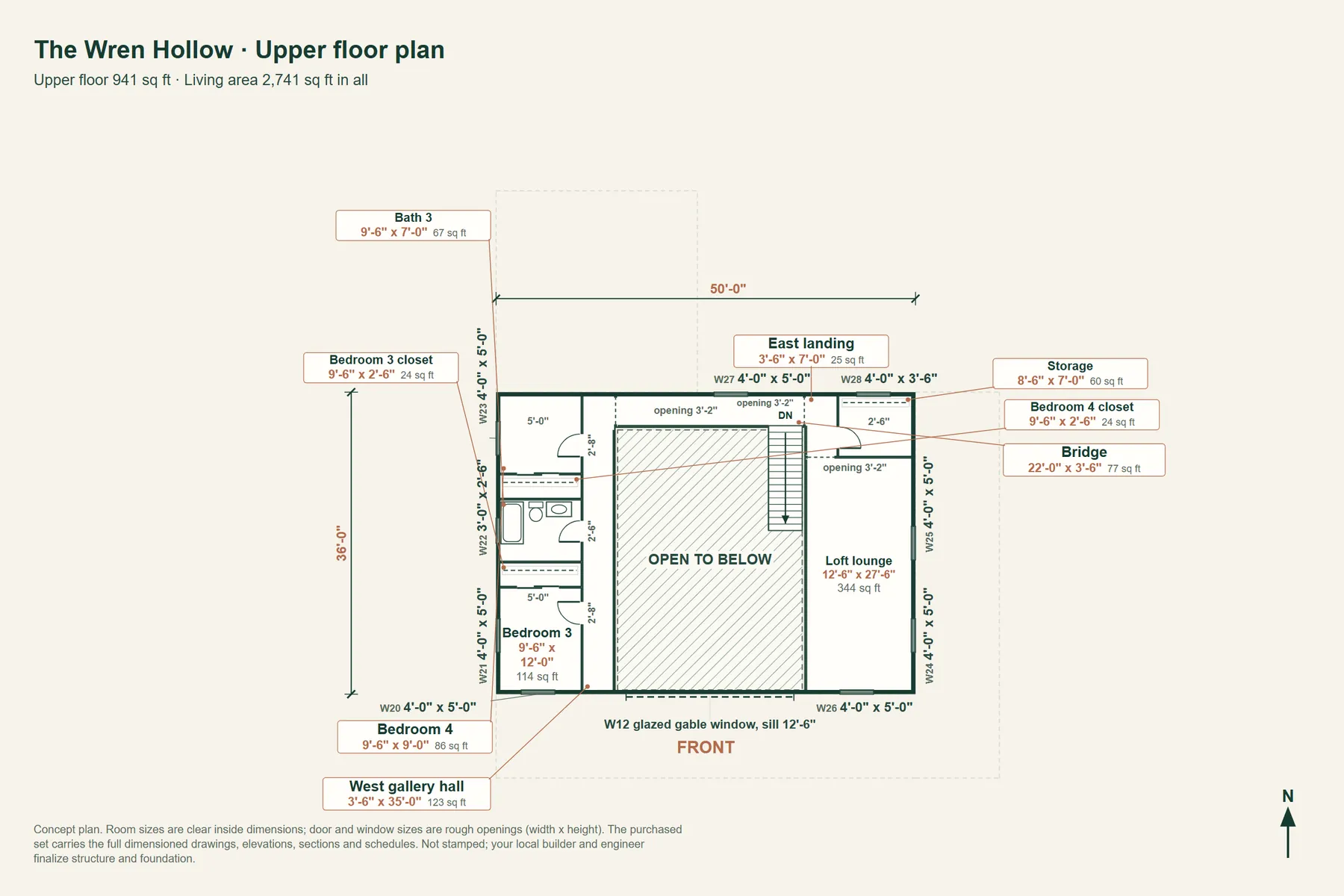 The Wren Hollow: upper floor plan with room dimensions and door and window sizes