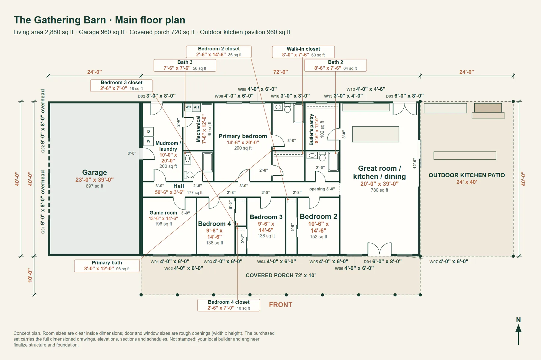 The Gathering Barn: main floor plan with room dimensions and door and window sizes