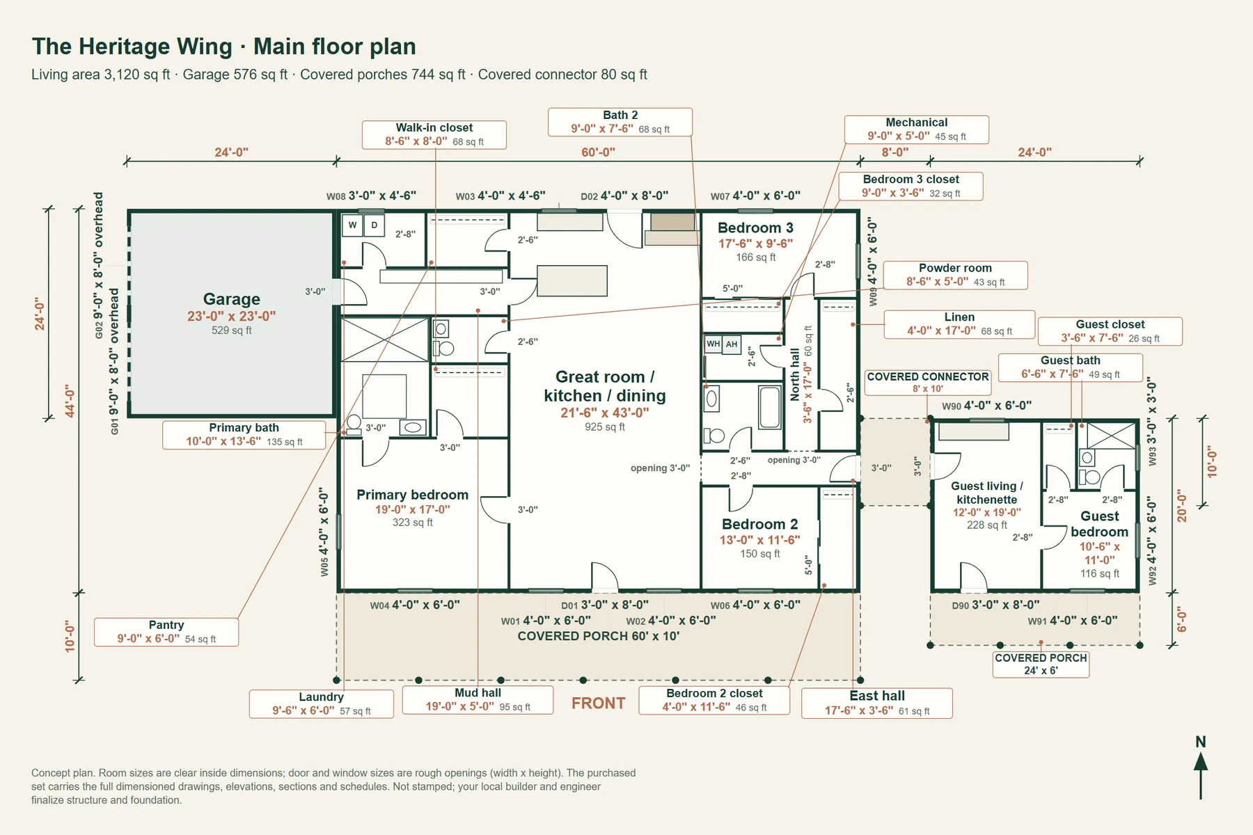 The Heritage Wing: main floor plan with room dimensions and door and window sizes