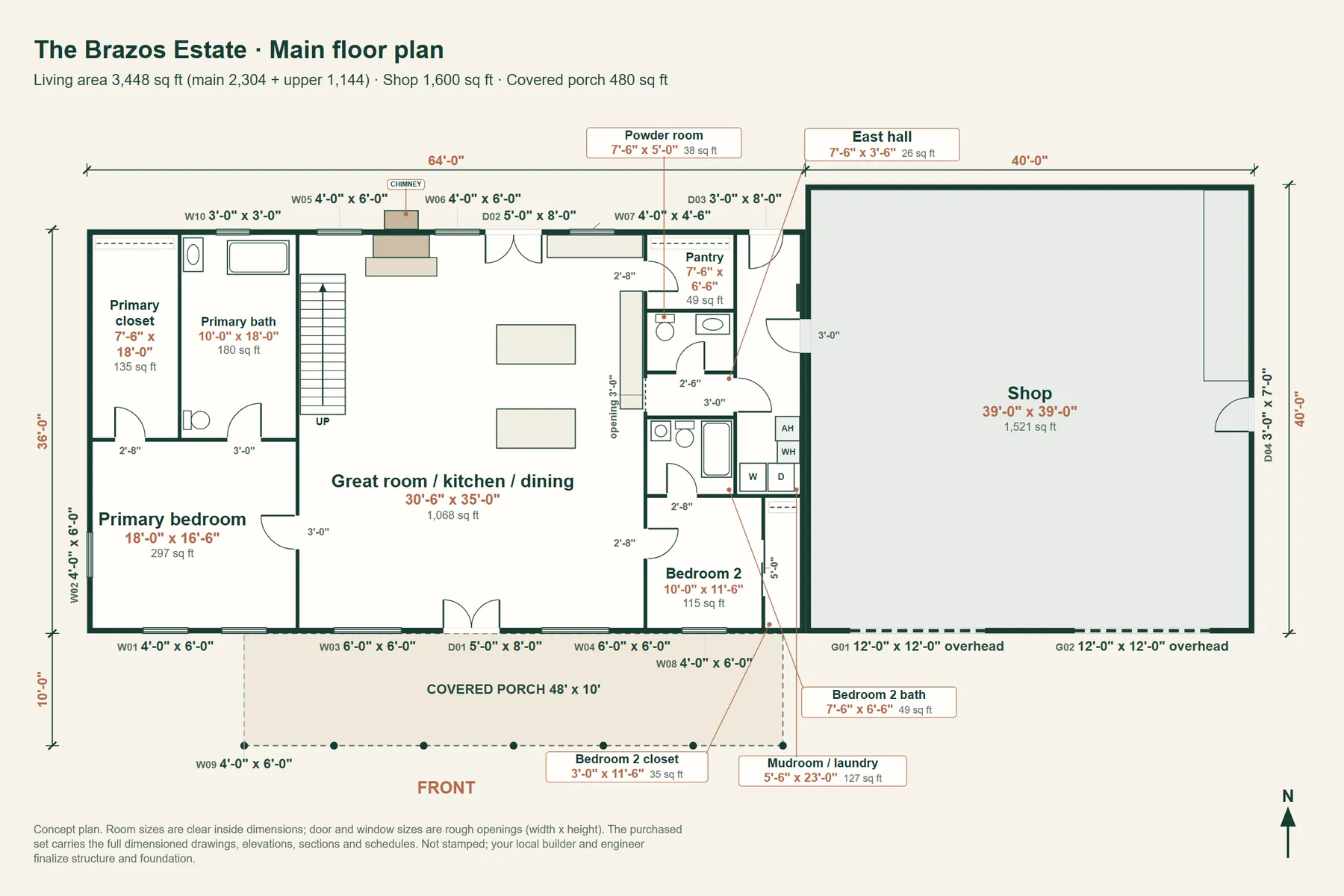 The Brazos Estate: main floor plan with room dimensions and door and window sizes