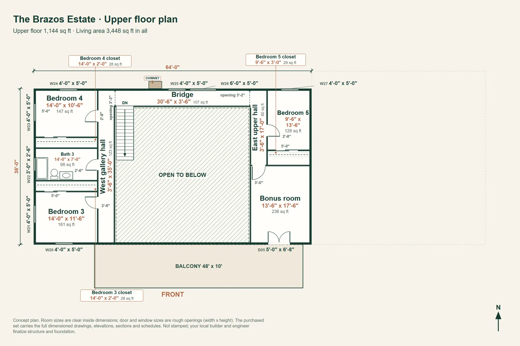 The Brazos Estate: upper floor plan with room dimensions and door and window sizes
