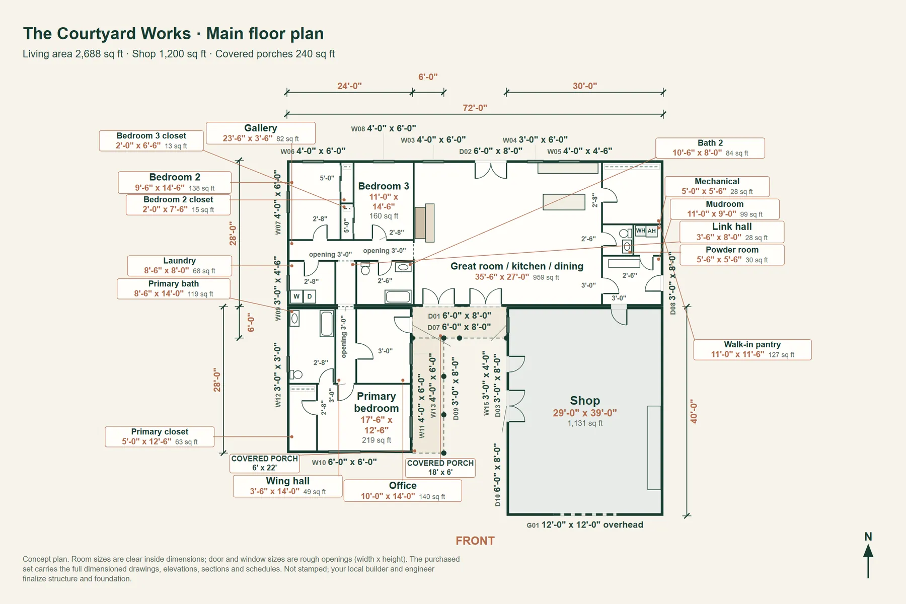 The Courtyard Works: main floor plan with room dimensions and door and window sizes