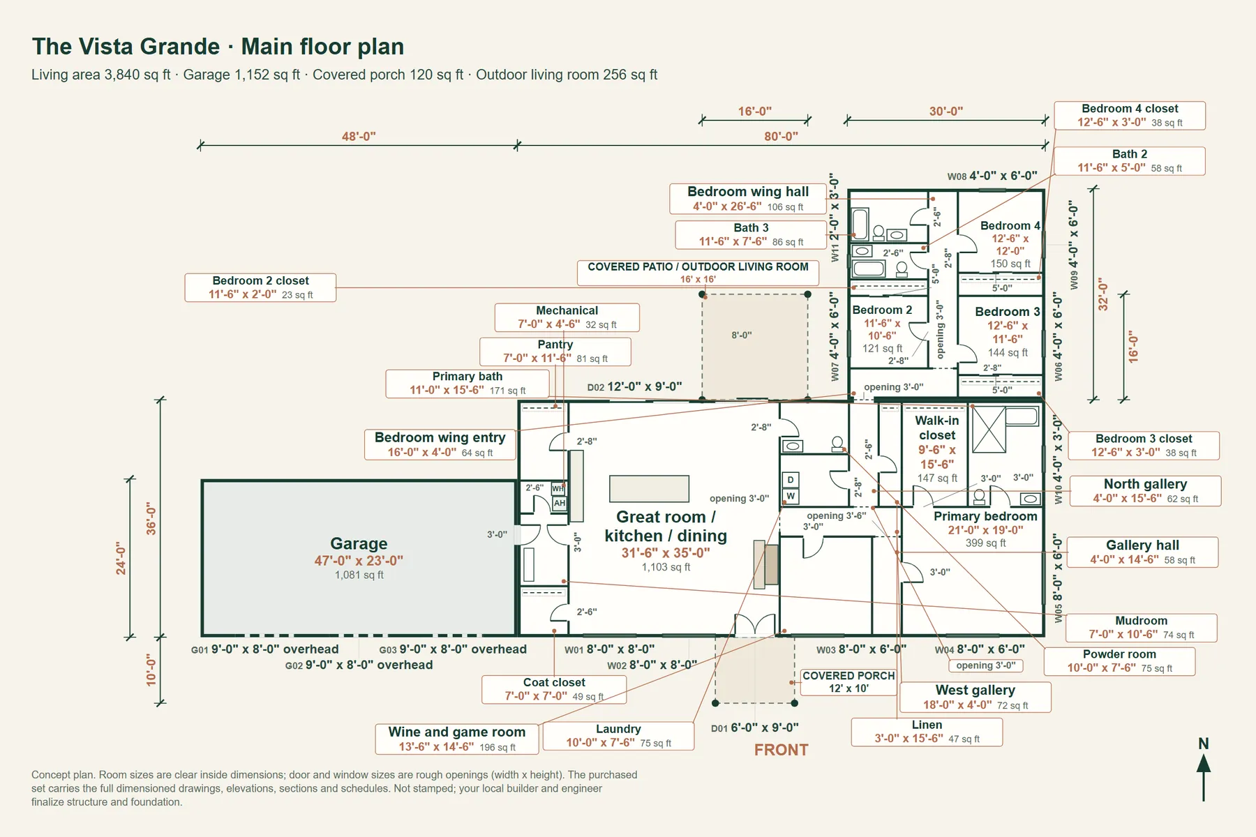 The Vista Grande: main floor plan with room dimensions and door and window sizes