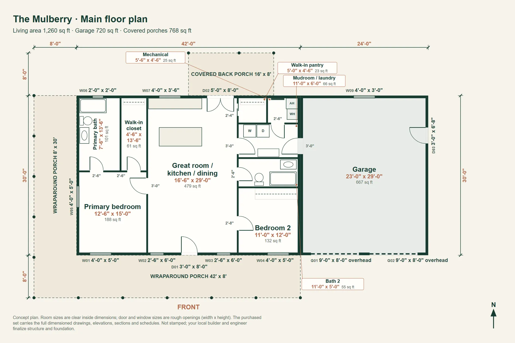 The Mulberry: main floor plan with room dimensions and door and window sizes