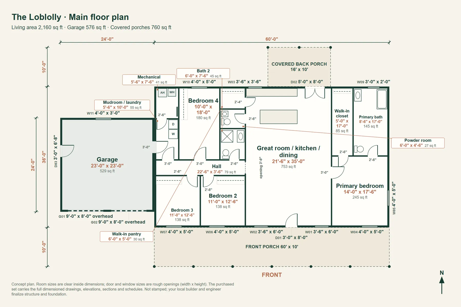 The Loblolly: main floor plan with room dimensions and door and window sizes