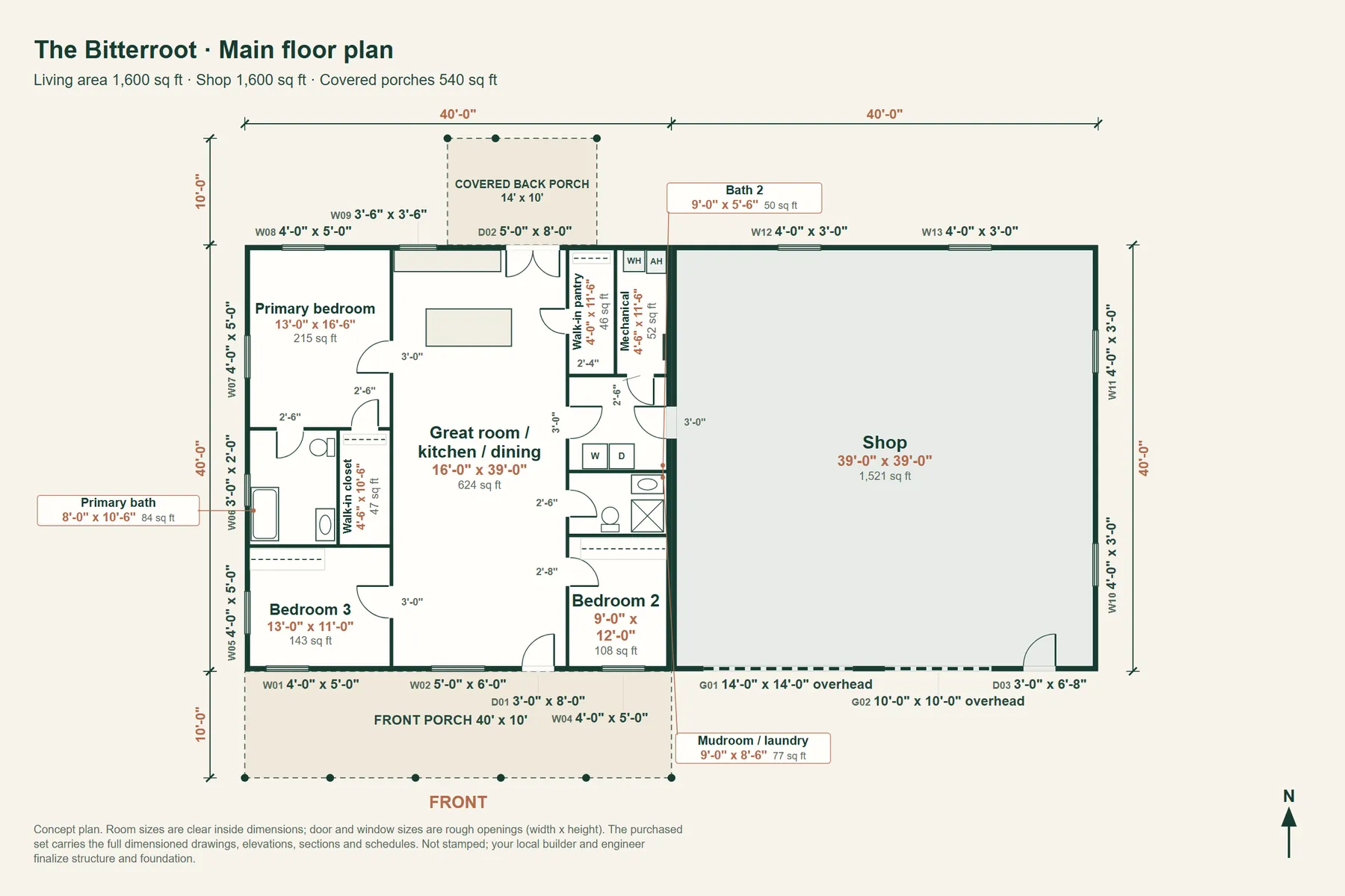 The Bitterroot: main floor plan with room dimensions and door and window sizes