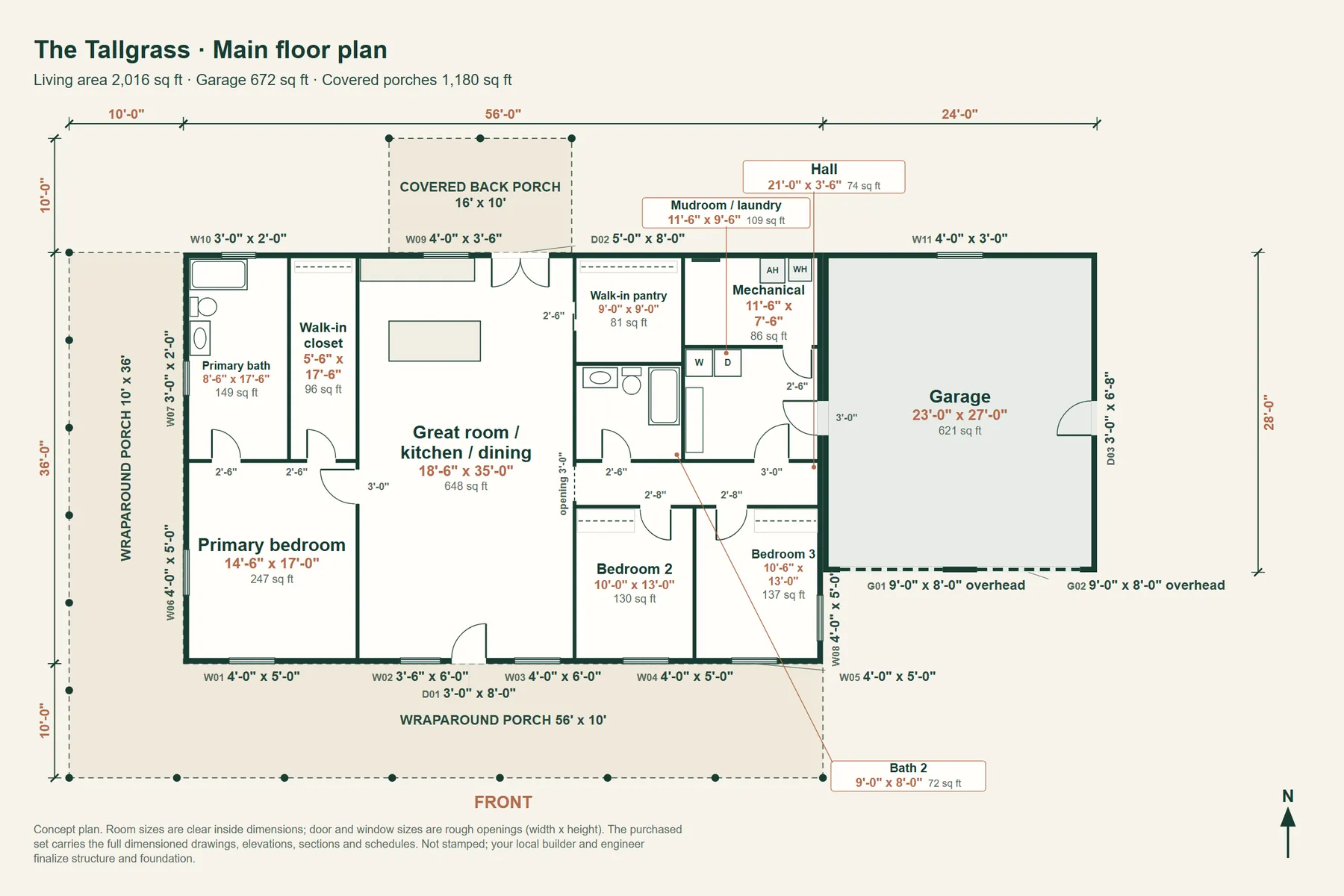 The Tallgrass: main floor plan with room dimensions and door and window sizes