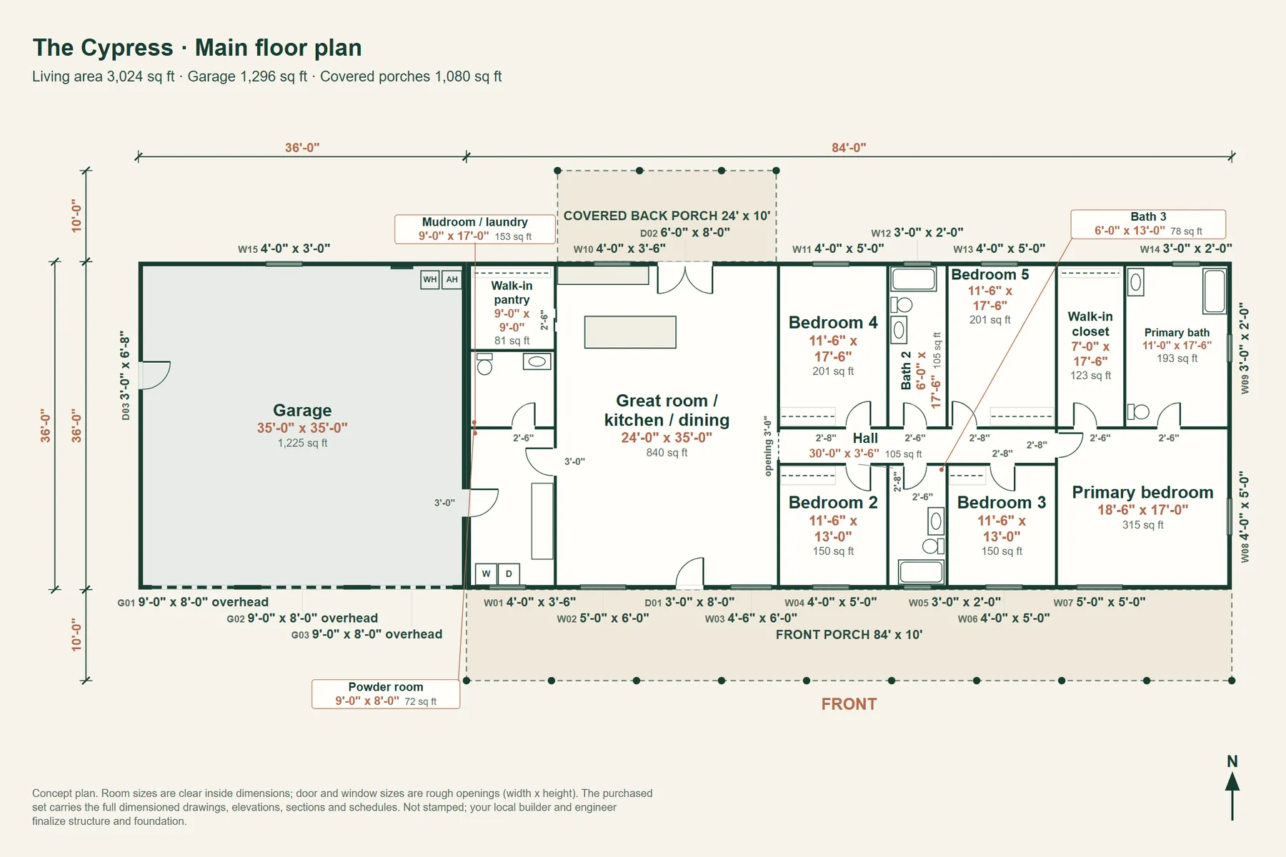 The Cypress: main floor plan with room dimensions and door and window sizes