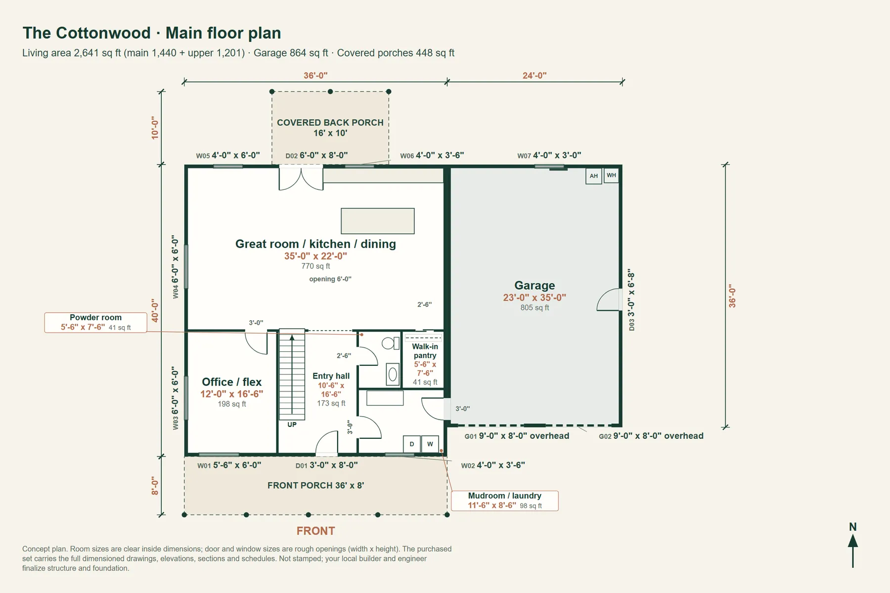 The Cottonwood: main floor plan with room dimensions and door and window sizes