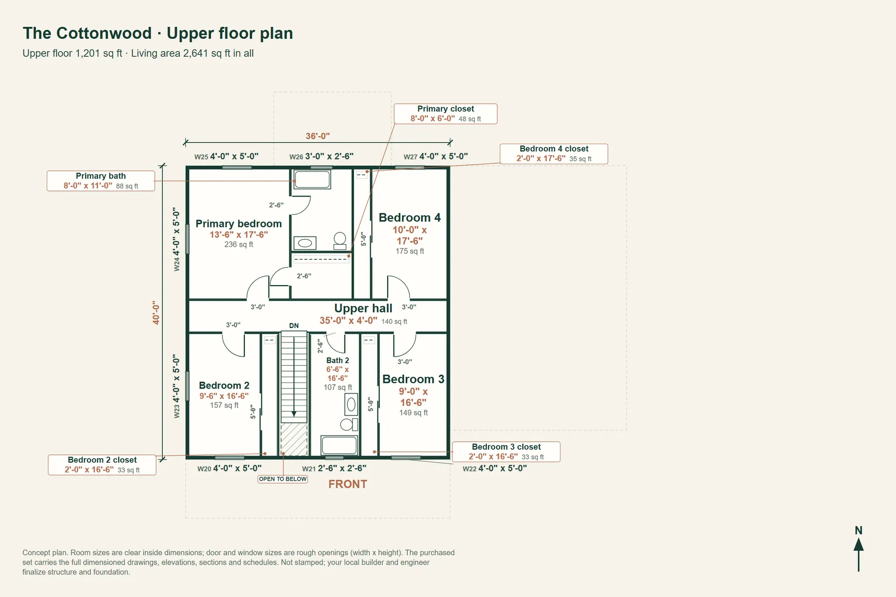 The Cottonwood: upper floor plan with room dimensions and door and window sizes