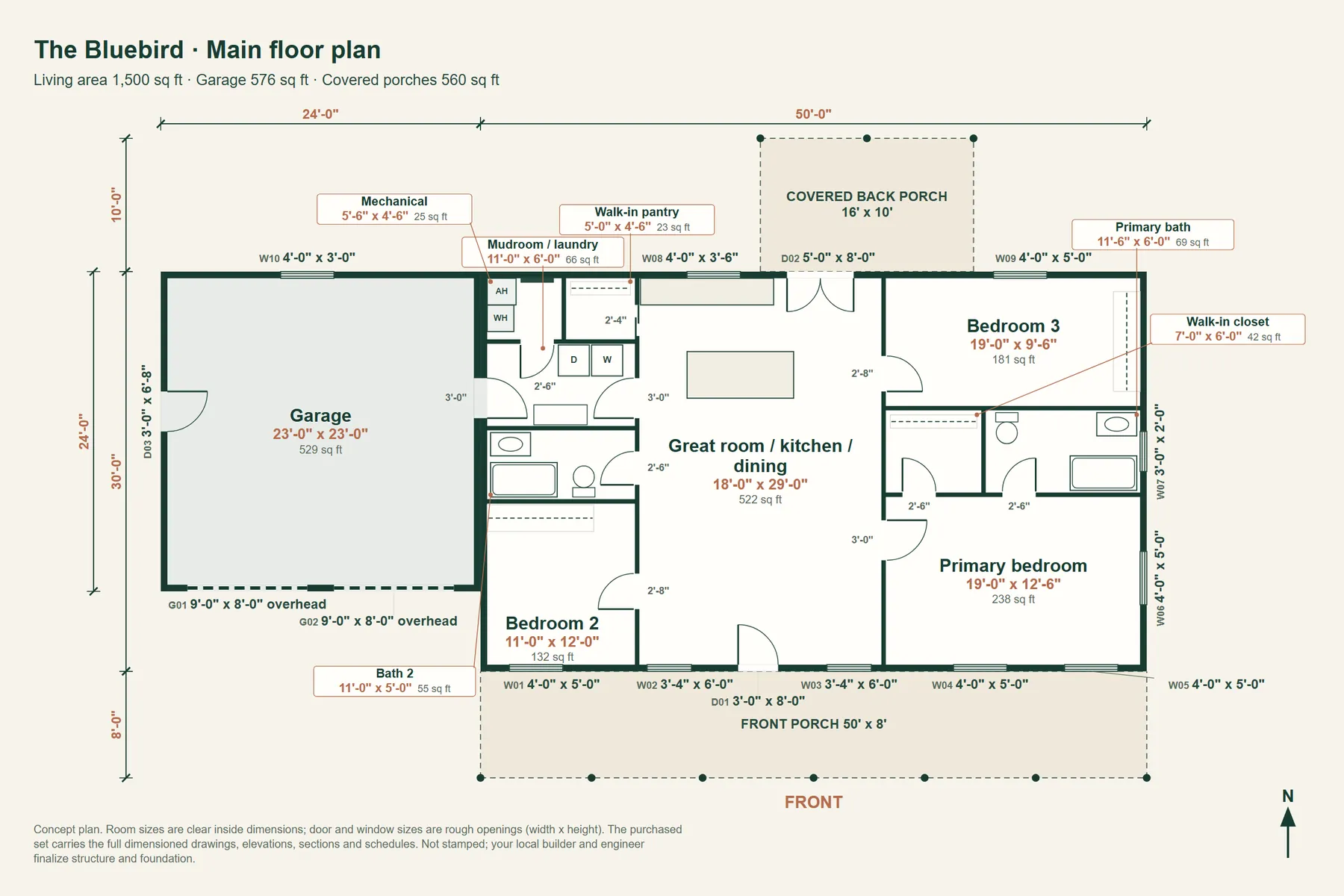 The Bluebird: main floor plan with room dimensions and door and window sizes