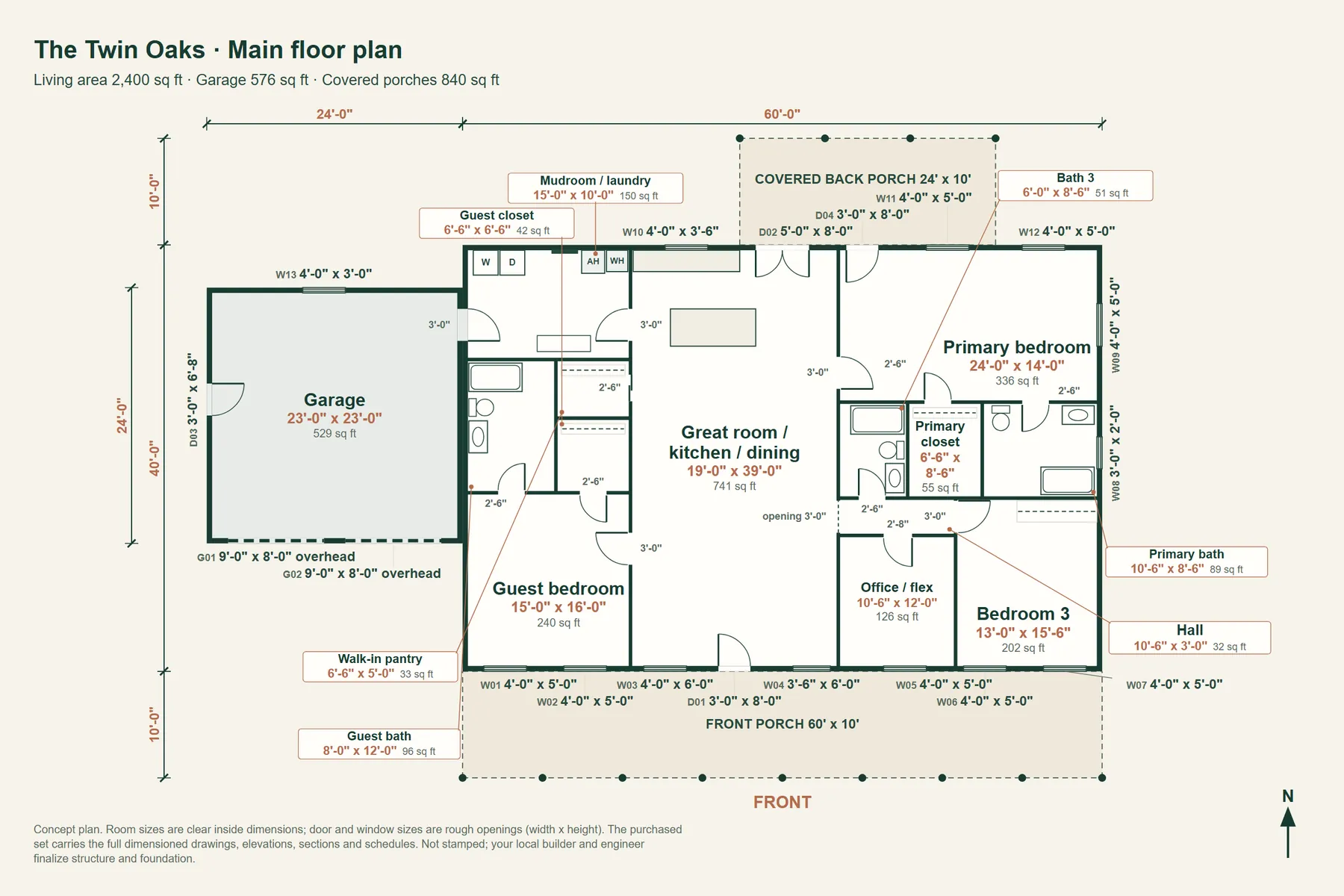 The Twin Oaks: main floor plan with room dimensions and door and window sizes