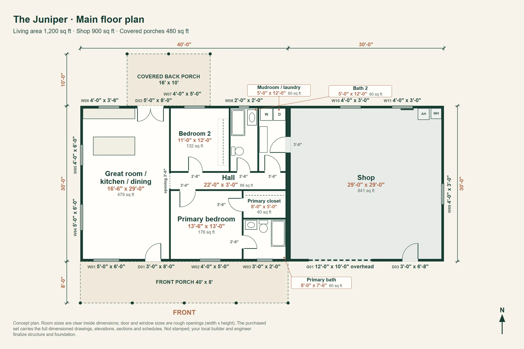 The Juniper: main floor plan with room dimensions and door and window sizes